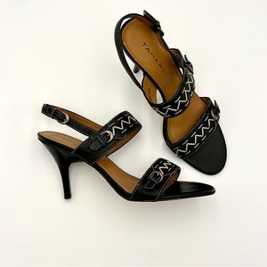 Tahari Crest Black Leather Heeled Sandals Embroidered Stitching on Leath…